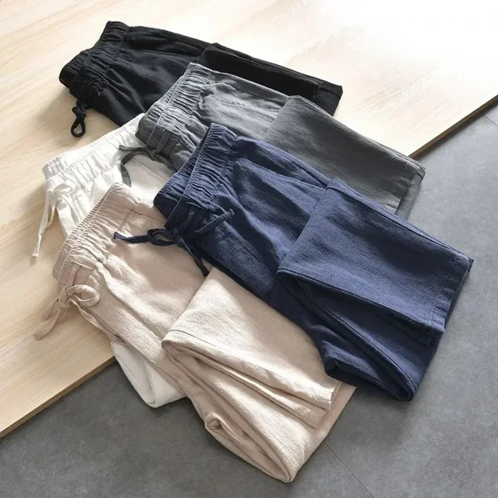 2026 Summer Mens Fashion Cotton Linen Casual Pants Loose Street Jogging Sports Drawstring Pocket Solid Color Straight Leg 260707