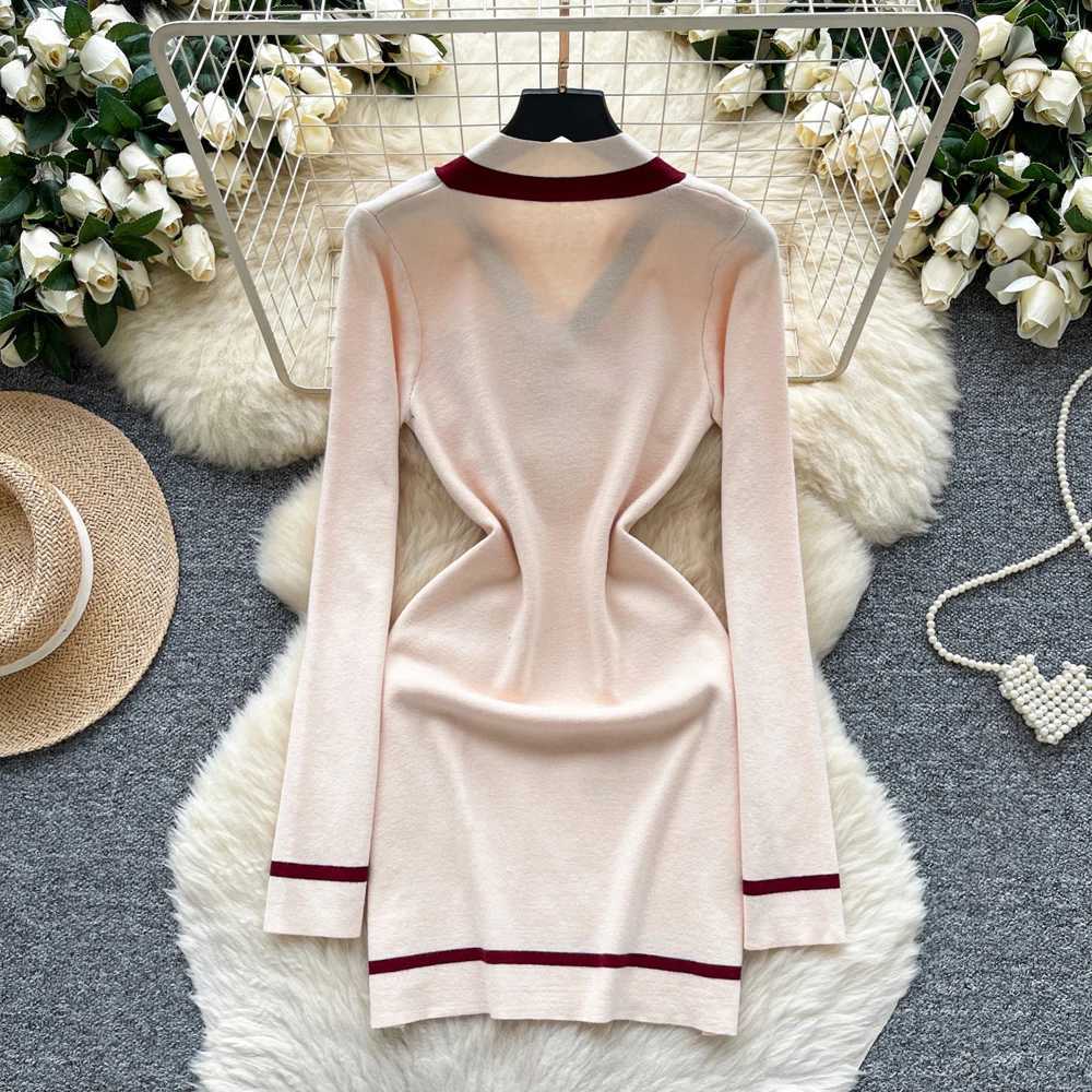Chic Fashion Sexy Package Hips YuooMuoo Knitted Mini Dress 2025 Autumn Vintage Bow V-neck Slim Elastic Party Dress Streetwear H260707