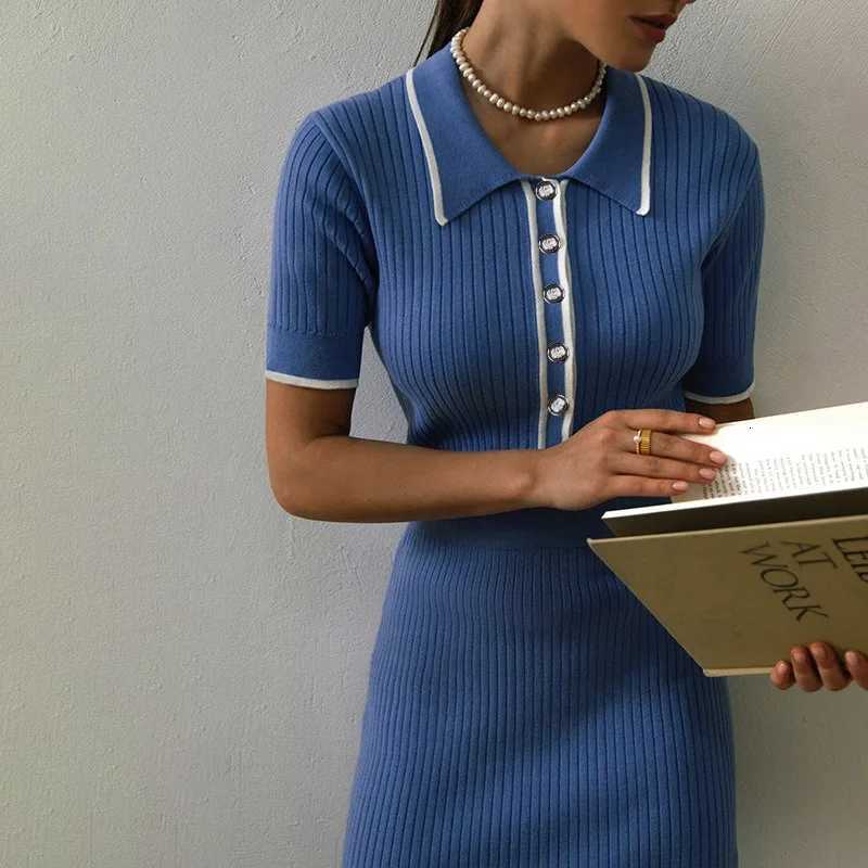 Sweater YuooMuoo Dress Brand Fashion Knit Women Spring Summer Ribbed Contrast Short Sleeve Lapel Gown Dress Ladies Long Dresses H260707