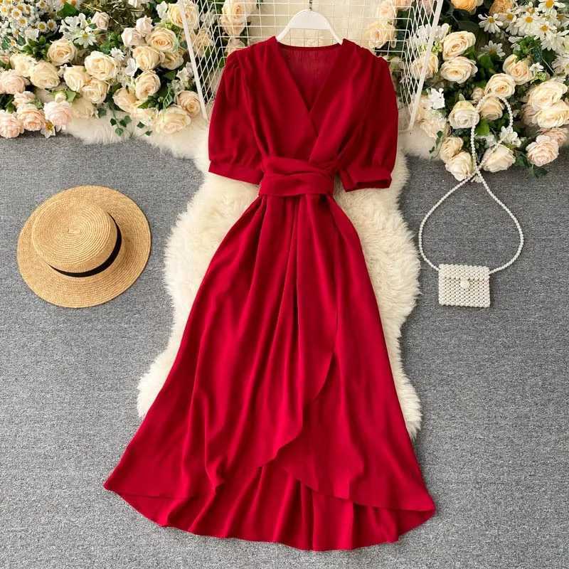 Women Dress 2025 Summer Vintage YuooMuoo Solid Sash Bandage A-line Long Dress Elegant Big Swing Lady Party Vestidos Robes Femme H260707