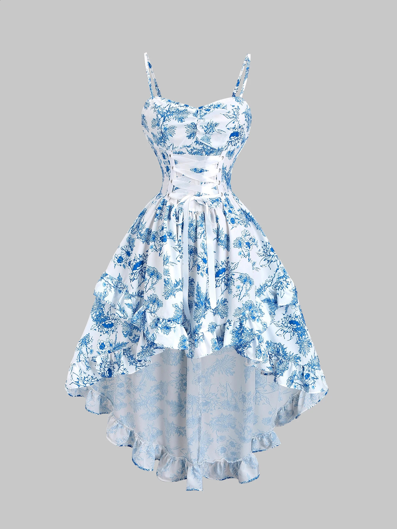 Blue and white floral printed spaghetti strap sweetheart neck high waisted puffy dress 260707