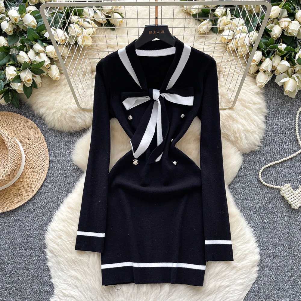 Chic Fashion Sexy Package Hips YuooMuoo Knitted Mini Dress 2025 Autumn Vintage Bow V-neck Slim Elastic Party Dress Streetwear H260707