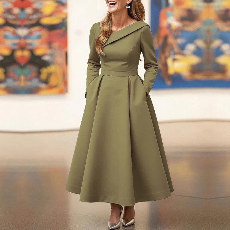 UOOZEE Womens Solid Color Modest Elegant Wedding Banquet Midi Dresses Long Sleeves Pleated High Waisted Aline Party Dress 260707