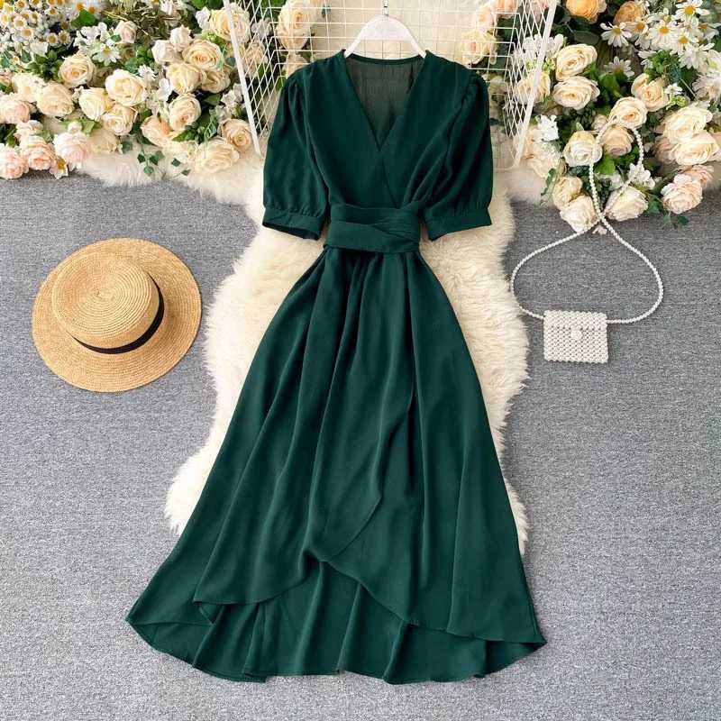 Women Dress 2025 Summer Vintage YuooMuoo Solid Sash Bandage A-line Long Dress Elegant Big Swing Lady Party Vestidos Robes Femme H260707