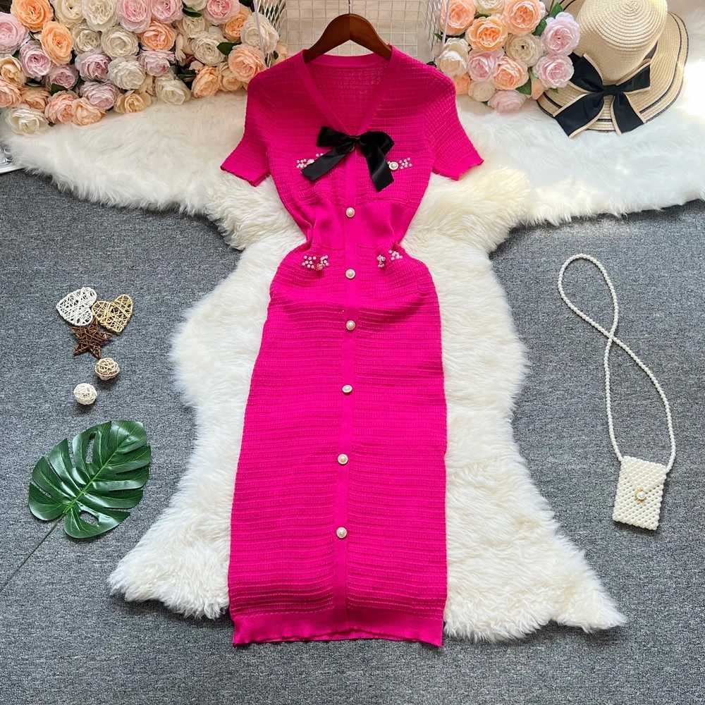 Bow YuooMuoo Chic Fashion V-neck Elegant Wrap Hips Knitted Dress Women Brand Fashion Pearl Buttons Bodycon Office Lady Vestidos H260707