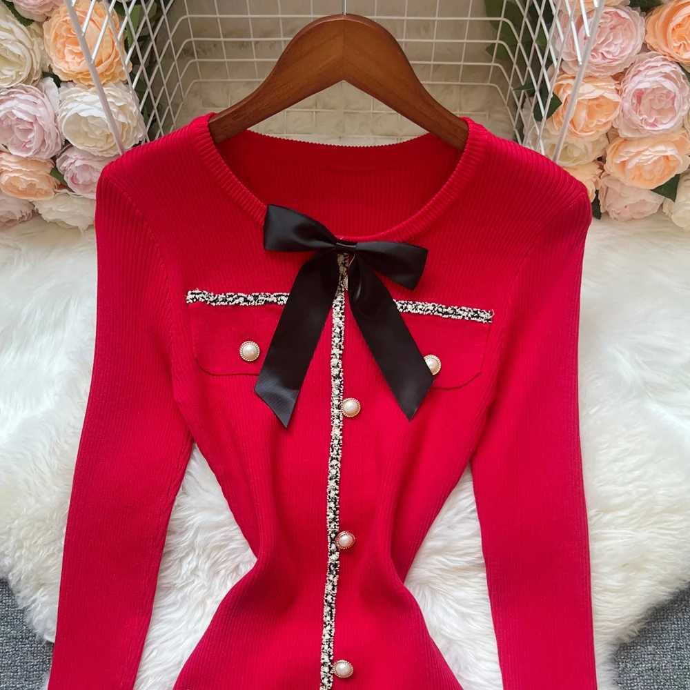 2025 Dress YuooMuoo Autumn Winter Women Slim Elastic Sexy Wrap Hips Knitted Mini Dress Festival Lady Red Black Party Vestidos H260707