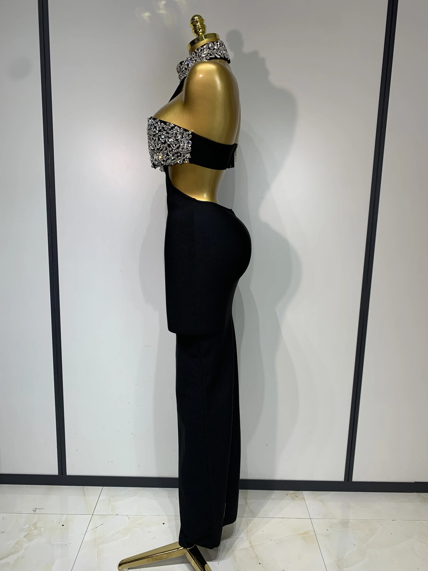 Women Sexy Backless Sparkly Crystal Diamonds Black Bodycon Bandage Dress Celebrity Elegant Evening Club Party Birthday Dresses 260707BJ - view 4