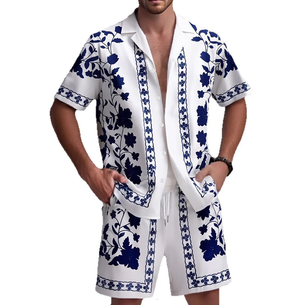 Designer foreign trade summer men's new printed casual loose suit short-sleeve shirt and shorts set - view 6