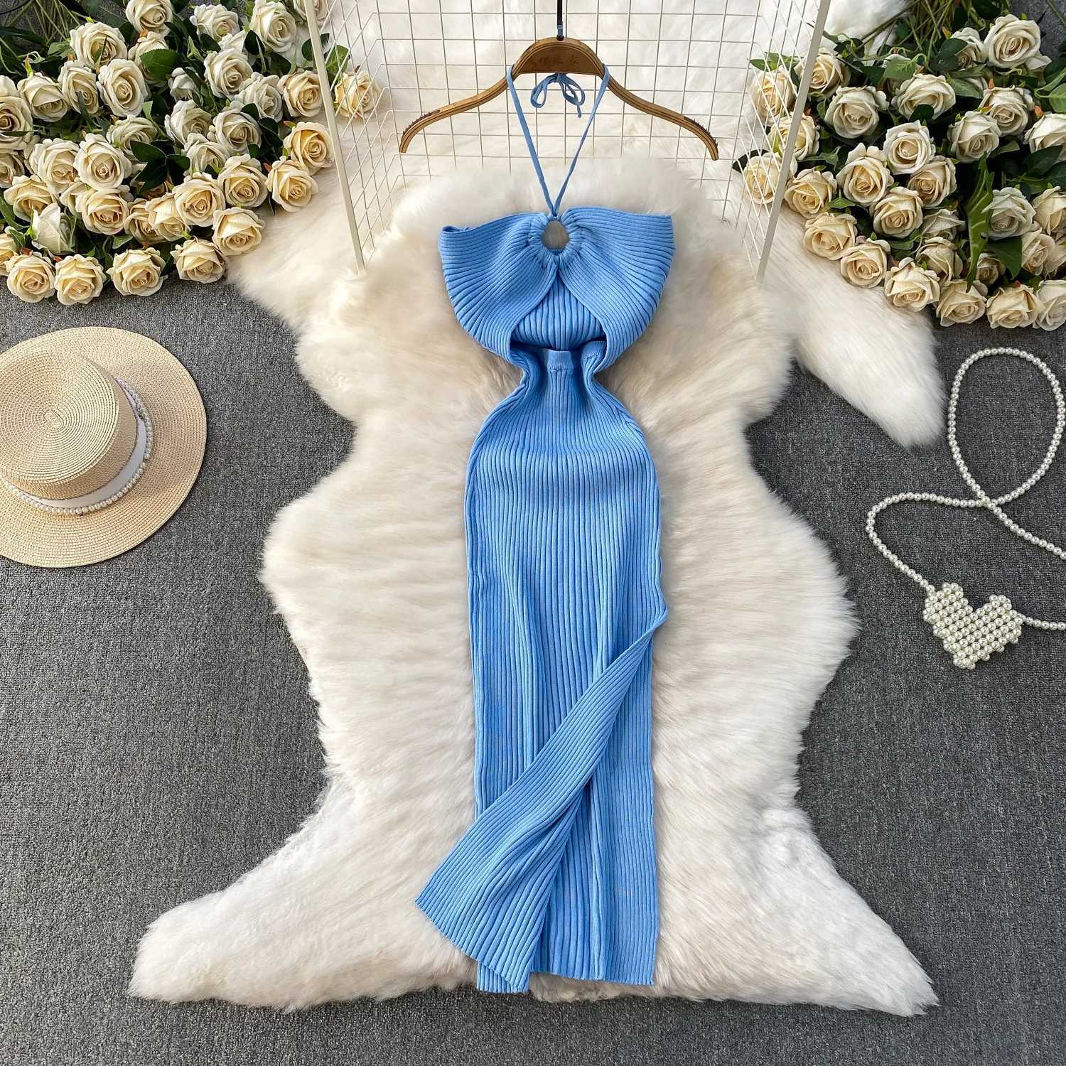 Sexy Hips YuooMuoo Wrap Vacation Style Split Knitted Summer Dress 2026 New Y2K Halter Skinny Long Bodycon Party Dress Beach Robe H260707