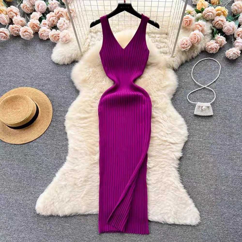 2026 Summer YuooMuoo New Women Dress Fashion Sexy Split Ribbed Knitted Bodycon Suspender Dress Streetwear Lady Sundress Vestido H260707