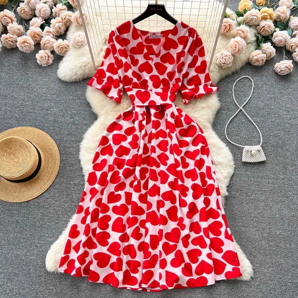 Print YuooMuoo Chic Romantic Women Heart Dress 2026 New Summer Elegant Slim Waist Big Swing Long Dress Korean Lady Party Vestido H260707