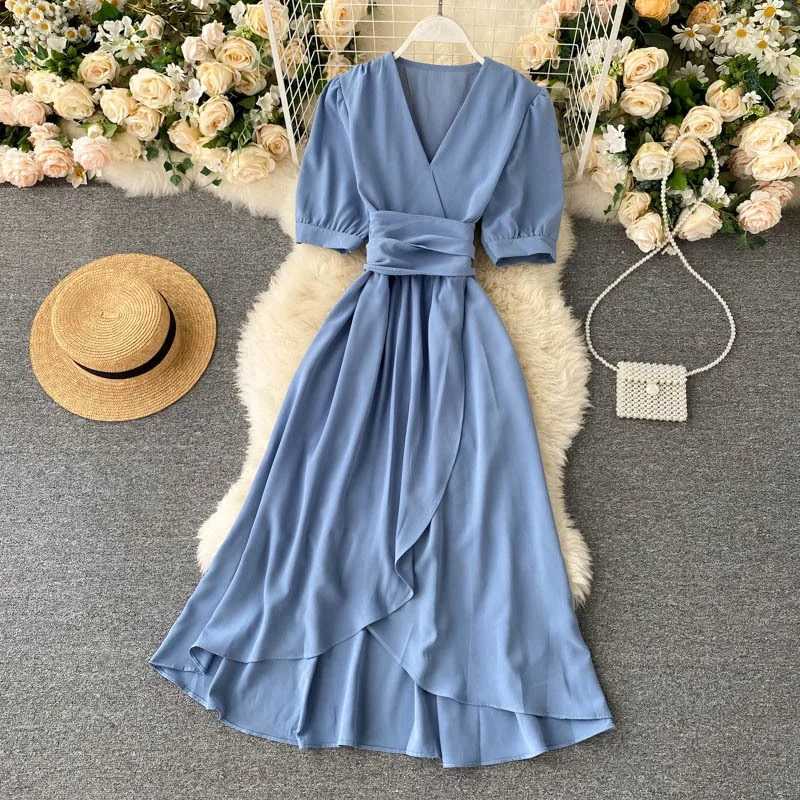 Women Dress 2025 Summer Vintage YuooMuoo Solid Sash Bandage A-line Long Dress Elegant Big Swing Lady Party Vestidos Robes Femme H260707
