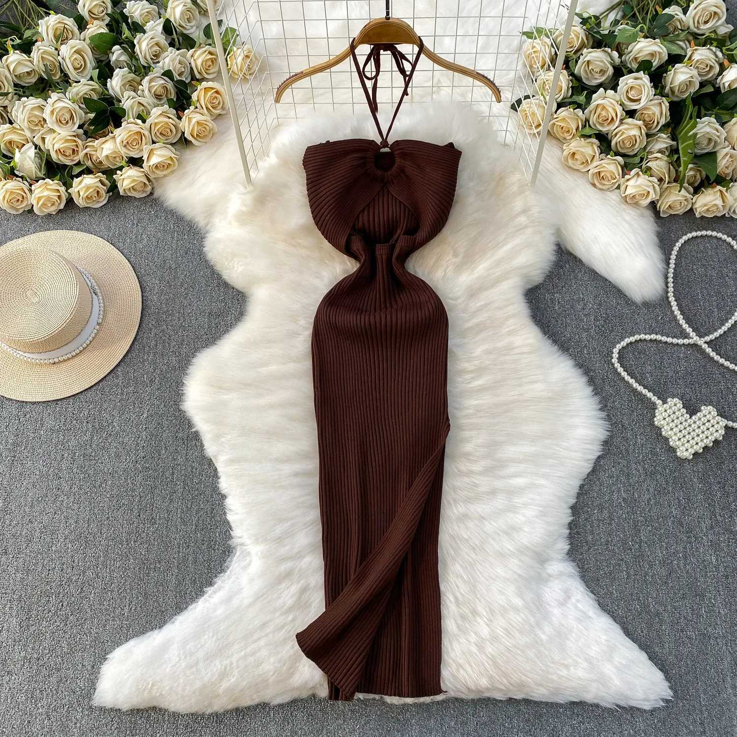 Sexy Hips YuooMuoo Wrap Vacation Style Split Knitted Summer Dress 2026 New Y2K Halter Skinny Long Bodycon Party Dress Beach Robe H260707