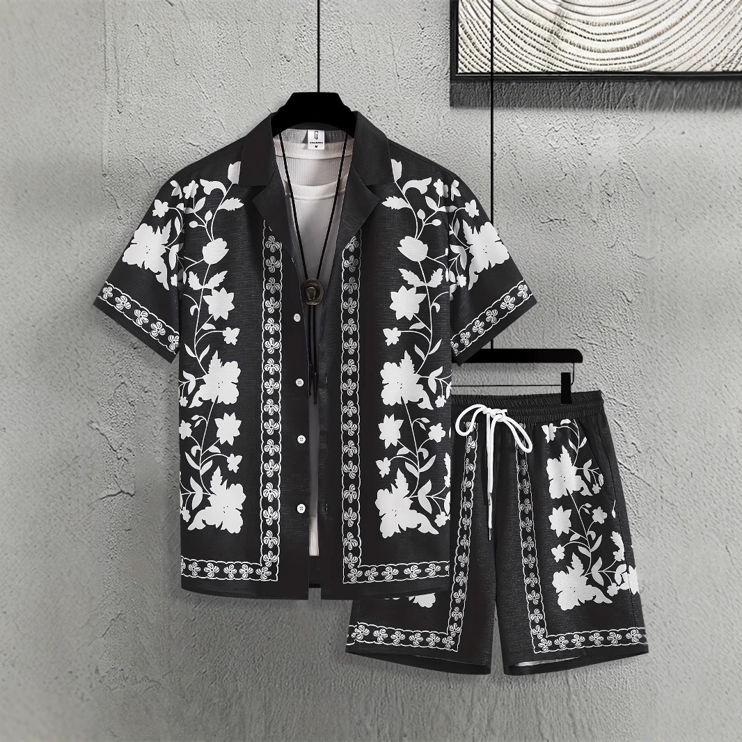 Designer foreign trade summer men's new printed casual loose suit short-sleeve shirt and shorts set - view 4