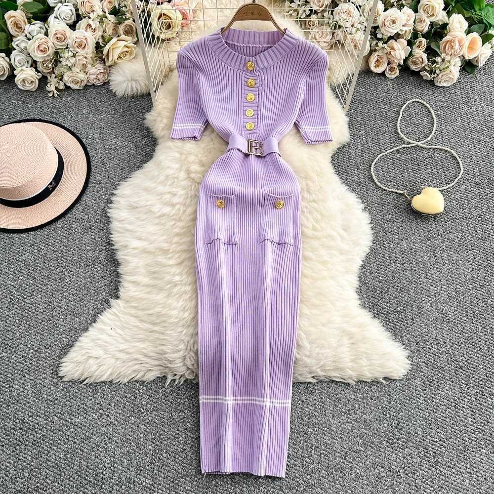 Dress YuooMuoo Brand Fashion 2025 Women Summer Belted Bodycon Long Sweater Dress Elegant Office Lady Pencil Dress Party Vestidos H260707