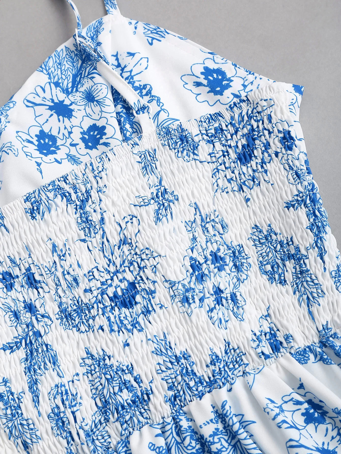 Blue and white floral printed spaghetti strap sweetheart neck high waisted puffy dress 260707