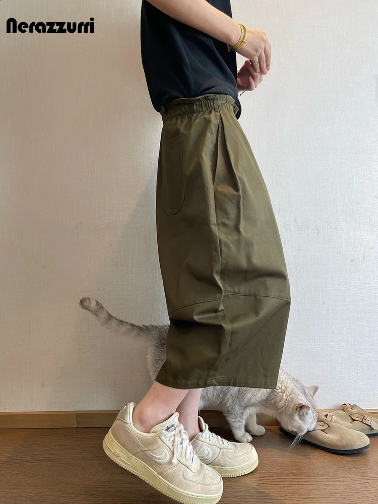 Nerazzurri Spring Summer Baggy Wide Leg CalfLength Curved Blade Pants for Men Elastic Waist Loose Casual Menswear Clothing 2026 260707