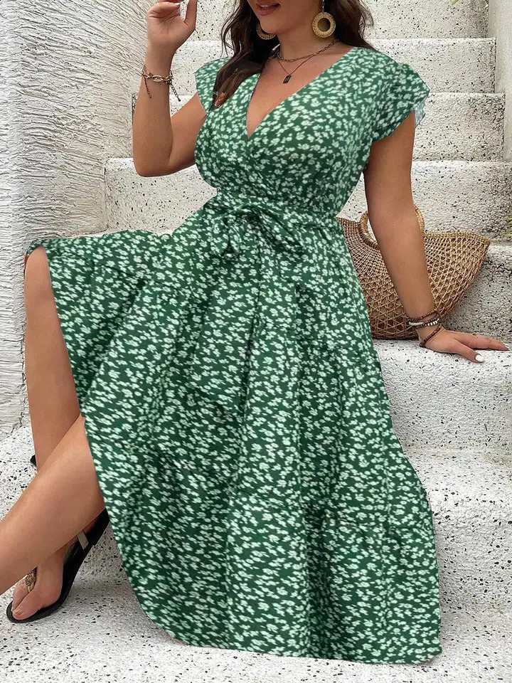 Plus Size Floral Print V Neck Dress Casual Fashion for Daily Outdoor Wear Women Clothing All Seasons 260707
