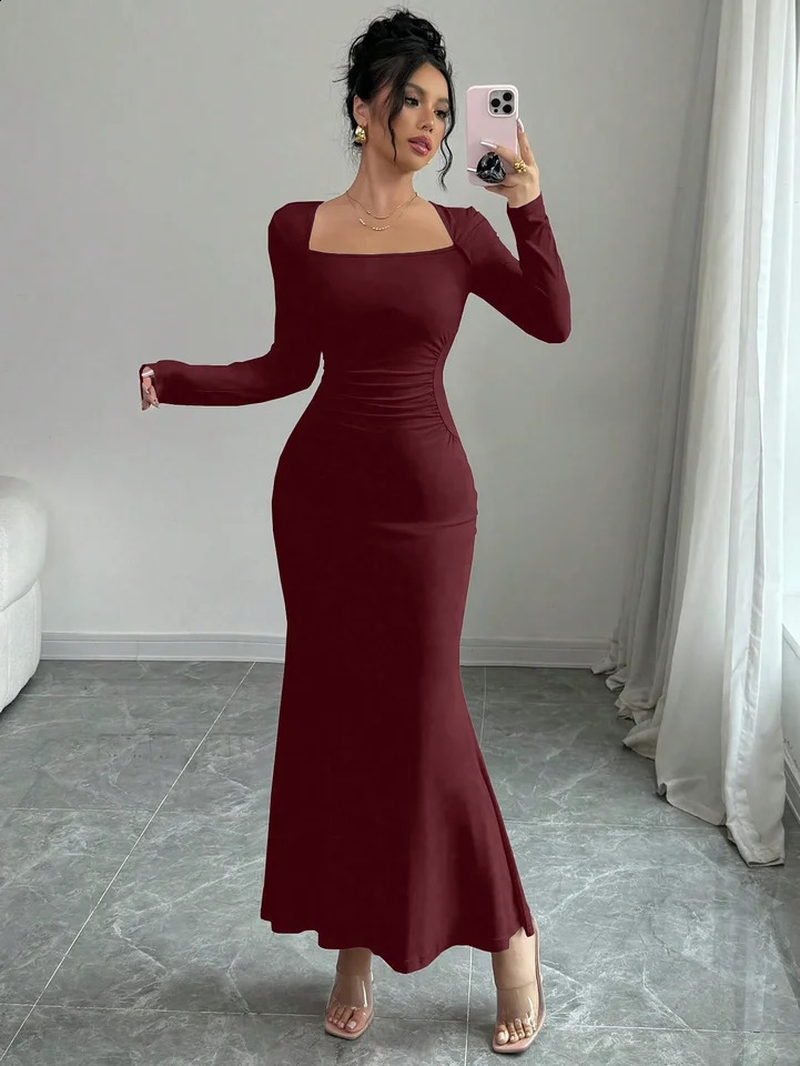 Womens Four Seasons Style Womens Elegant Temperament Retro Solid Color Square Collar Long Sleeve Dress 260707 - view 7