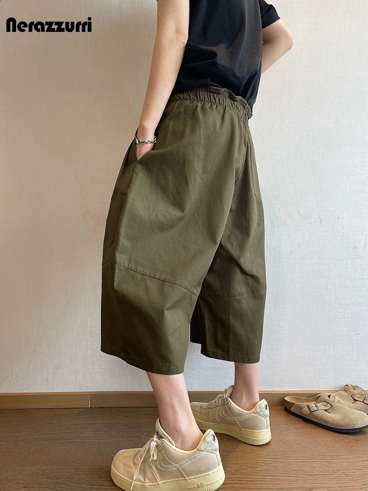 Nerazzurri Spring Summer Baggy Wide Leg CalfLength Curved Blade Pants for Men Elastic Waist Loose Casual Menswear Clothing 2026 260707