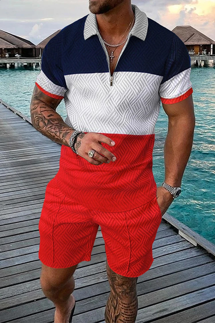 Summer Mens Tracksuit Short Sleeve Polo Shirt Set Fashion Chain Print Clothing 2 Pieces Casual Suit Streetwear Outfit 260707