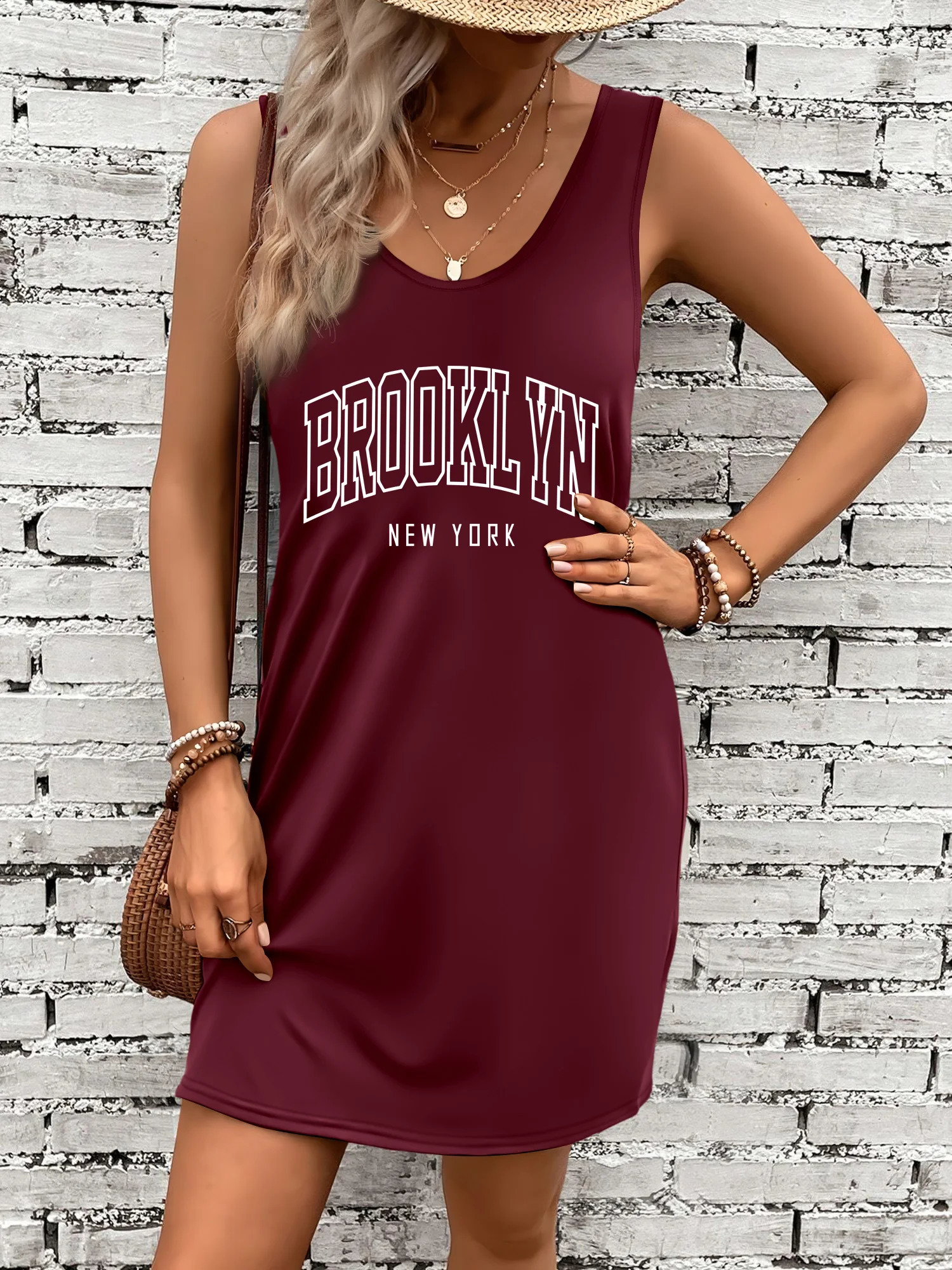 Vintage Brooklyn York Letter Graphic Sleeveless Tank Dress U Neck Loose Curved Hem College Style Summer Daily Wear 260707