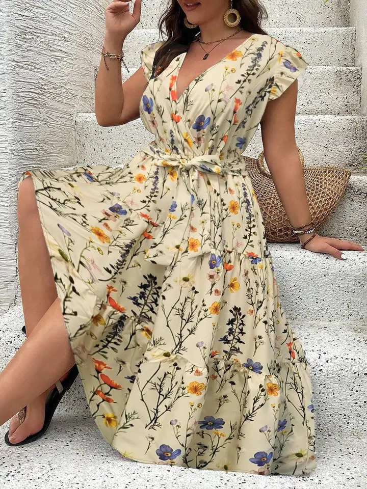 Plus Size Floral Print V Neck Dress Casual Fashion for Daily Outdoor Wear Women Clothing All Seasons 260707