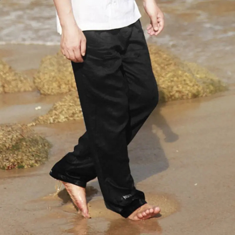 Mens Pants Summer Breathable White Casual Trousers Loose Straight Leg Cropped Linen 260707