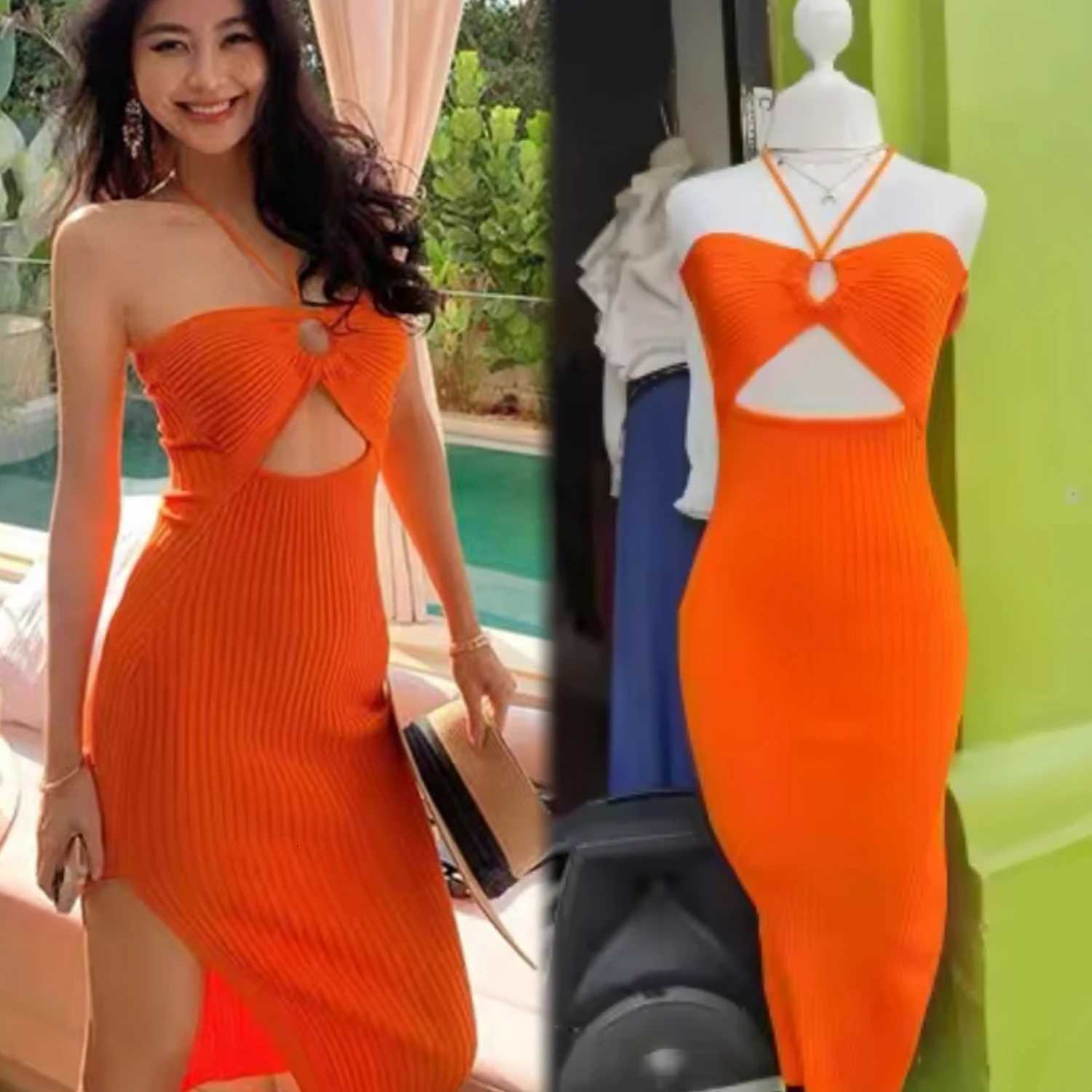 Sexy Hips YuooMuoo Wrap Vacation Style Split Knitted Summer Dress 2026 New Y2K Halter Skinny Long Bodycon Party Dress Beach Robe H260707