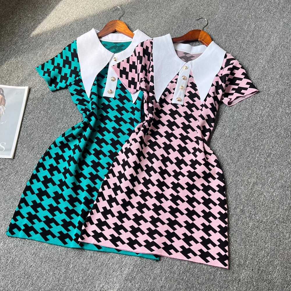 Y2K New Summer YuooMuoo Vintage 2026 Turn-down Collar Knitted Short Dress Chic Fashion Houndstooth Women Bodycon Party Dress H260707