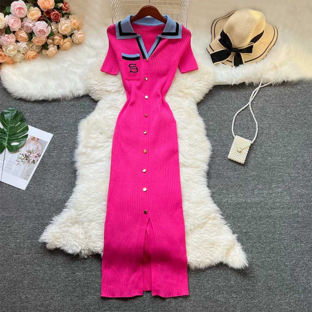 Hips YuooMuoo Chic Fashion Sexy Package Knitted Long Dress Women Brand Fashion Turn-down Collar Embroidery Bodycon Shirt Dress H260707