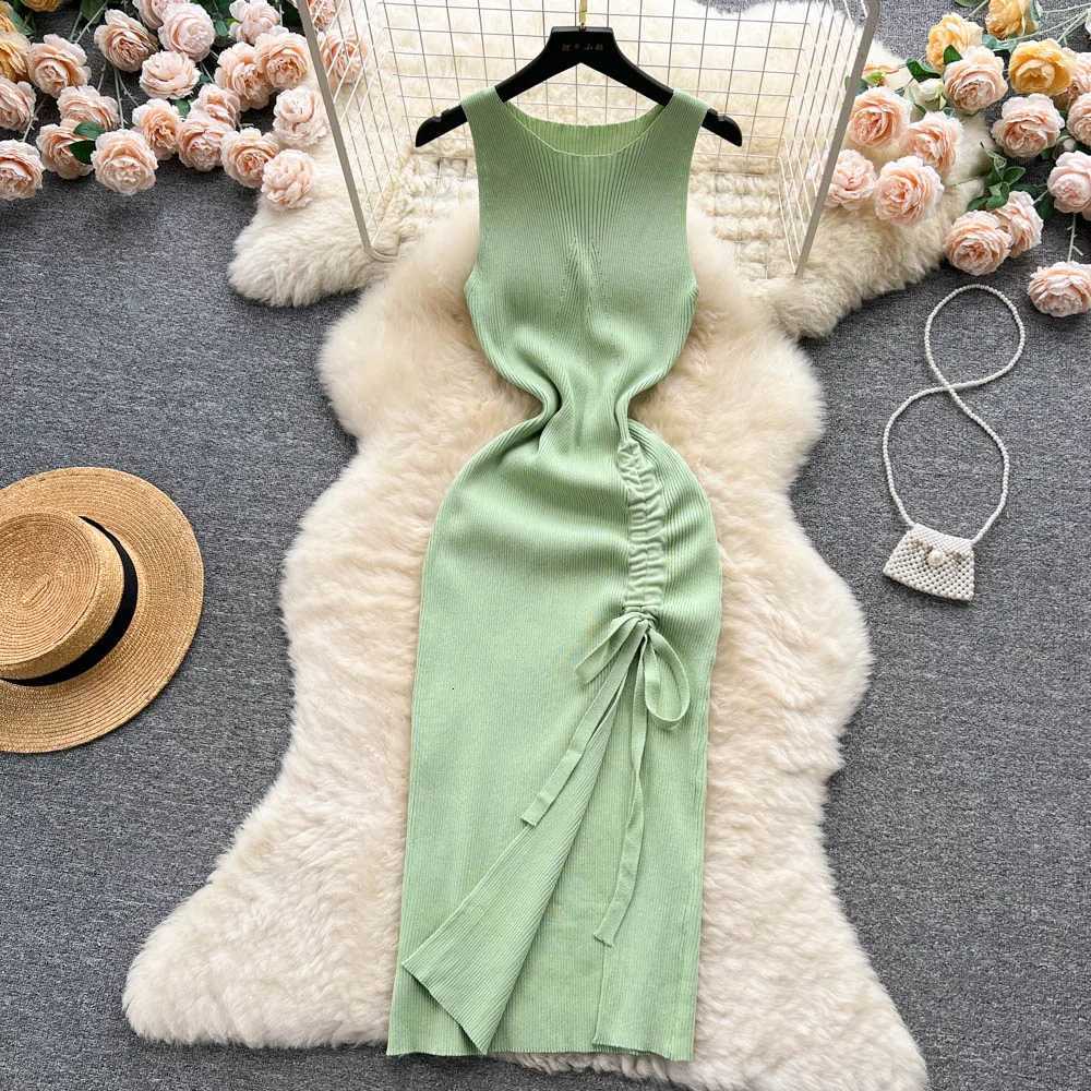 Dress YuooMuoo Fashion Knitted Summer Bodycon Sexy Package Hips Drawstring Split Black Women Dress Basic Lady Party Vestidos H260707