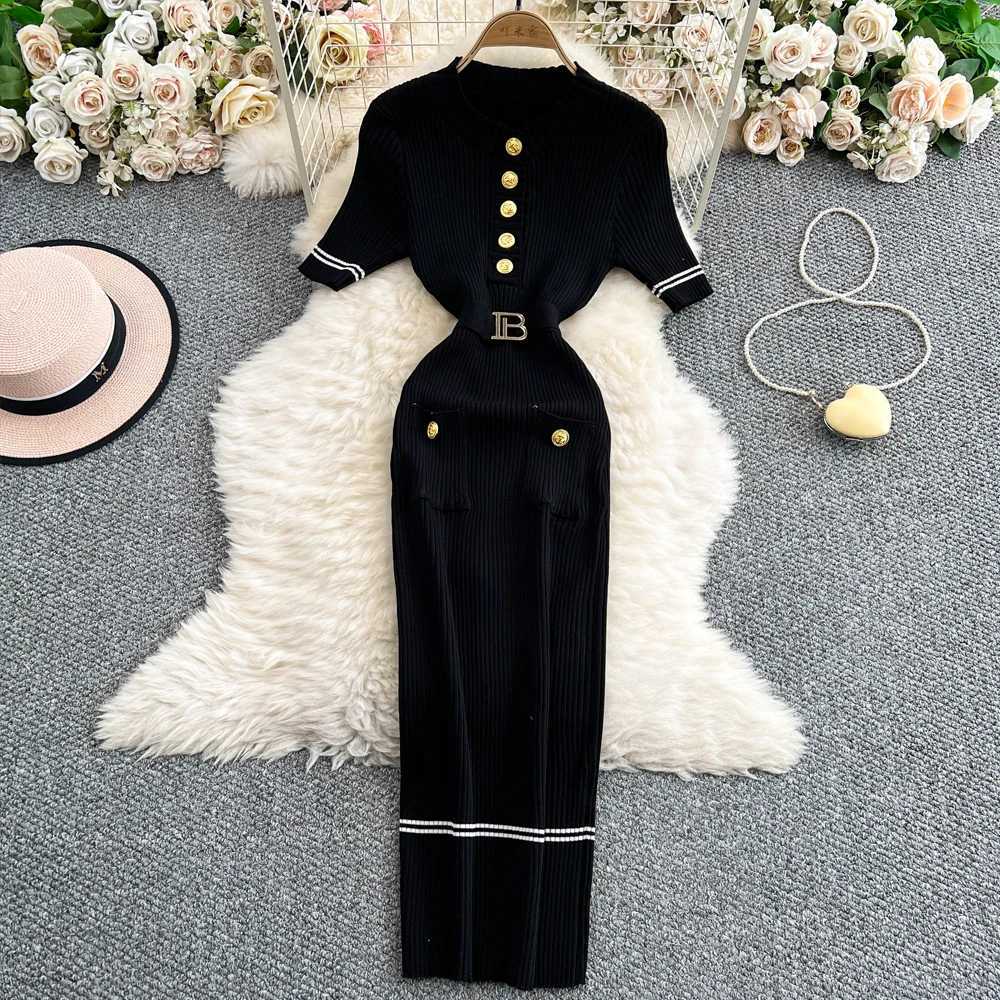 Dress YuooMuoo Brand Fashion 2025 Women Summer Belted Bodycon Long Sweater Dress Elegant Office Lady Pencil Dress Party Vestidos H260707