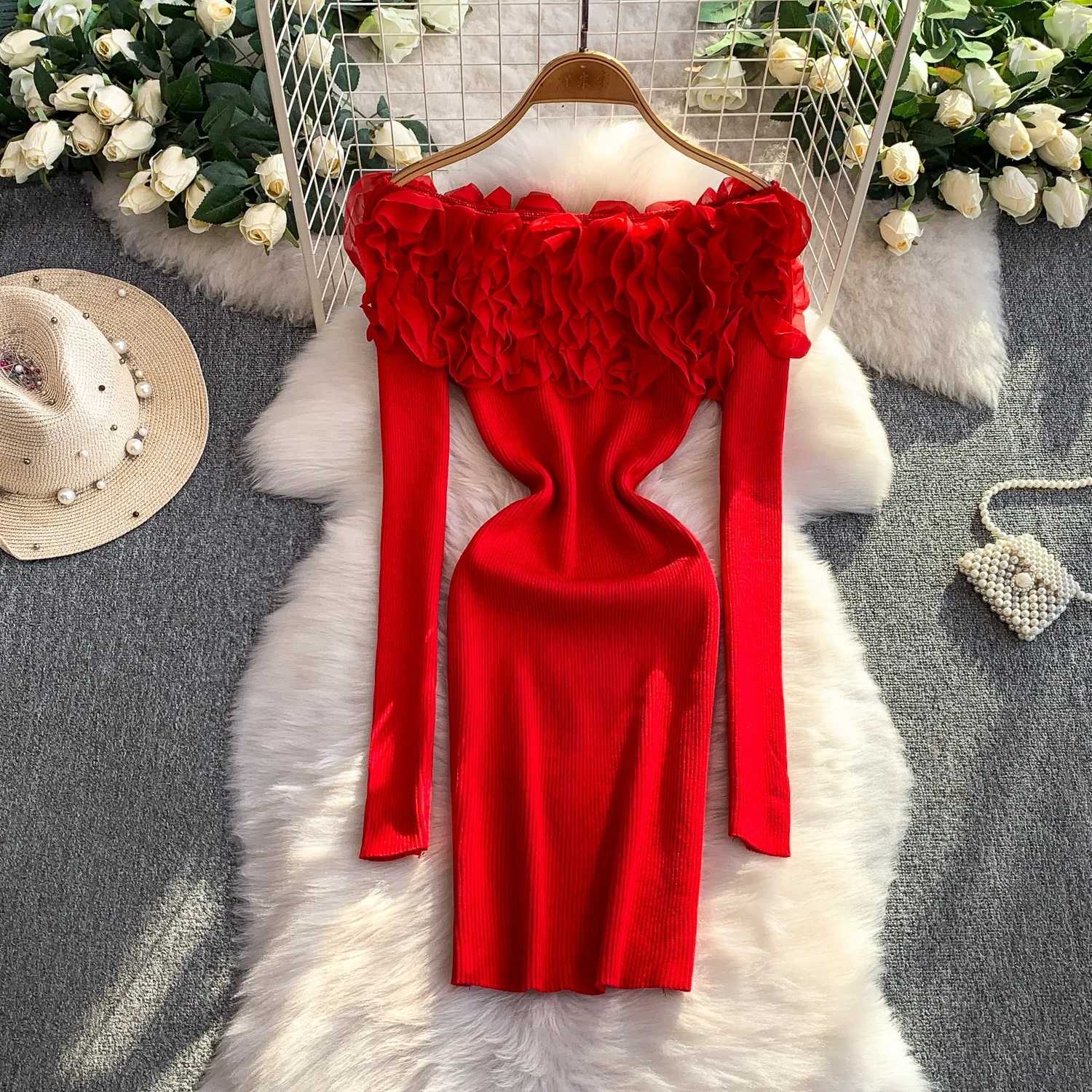 Hips YuooMuoo Chic Package Fashion Sexy Knitted Mini Dress 2025 New Y2K 3D Flowers Long Sleeve Party Dress Streetwear Outfits H260707