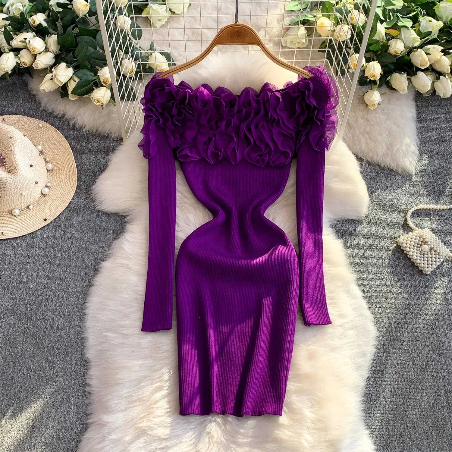 Hips YuooMuoo Chic Package Fashion Sexy Knitted Mini Dress 2025 New Y2K 3D Flowers Long Sleeve Party Dress Streetwear Outfits H260707
