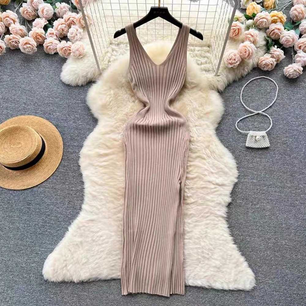2026 Summer YuooMuoo New Women Dress Fashion Sexy Split Ribbed Knitted Bodycon Suspender Dress Streetwear Lady Sundress Vestido H260707