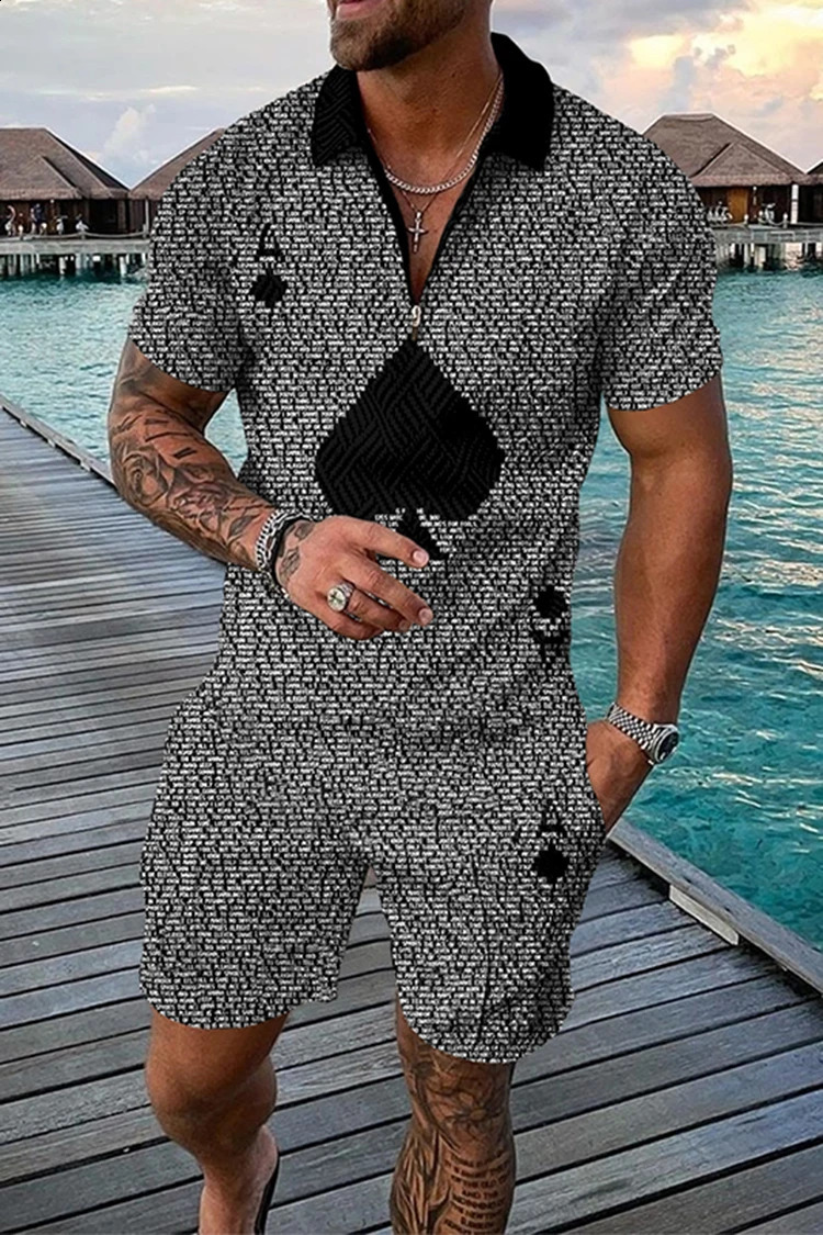 Summer Mens Tracksuit Short Sleeve Polo Shirt Set Fashion Chain Print Clothing 2 Pieces Casual Suit Streetwear Outfit 260707
