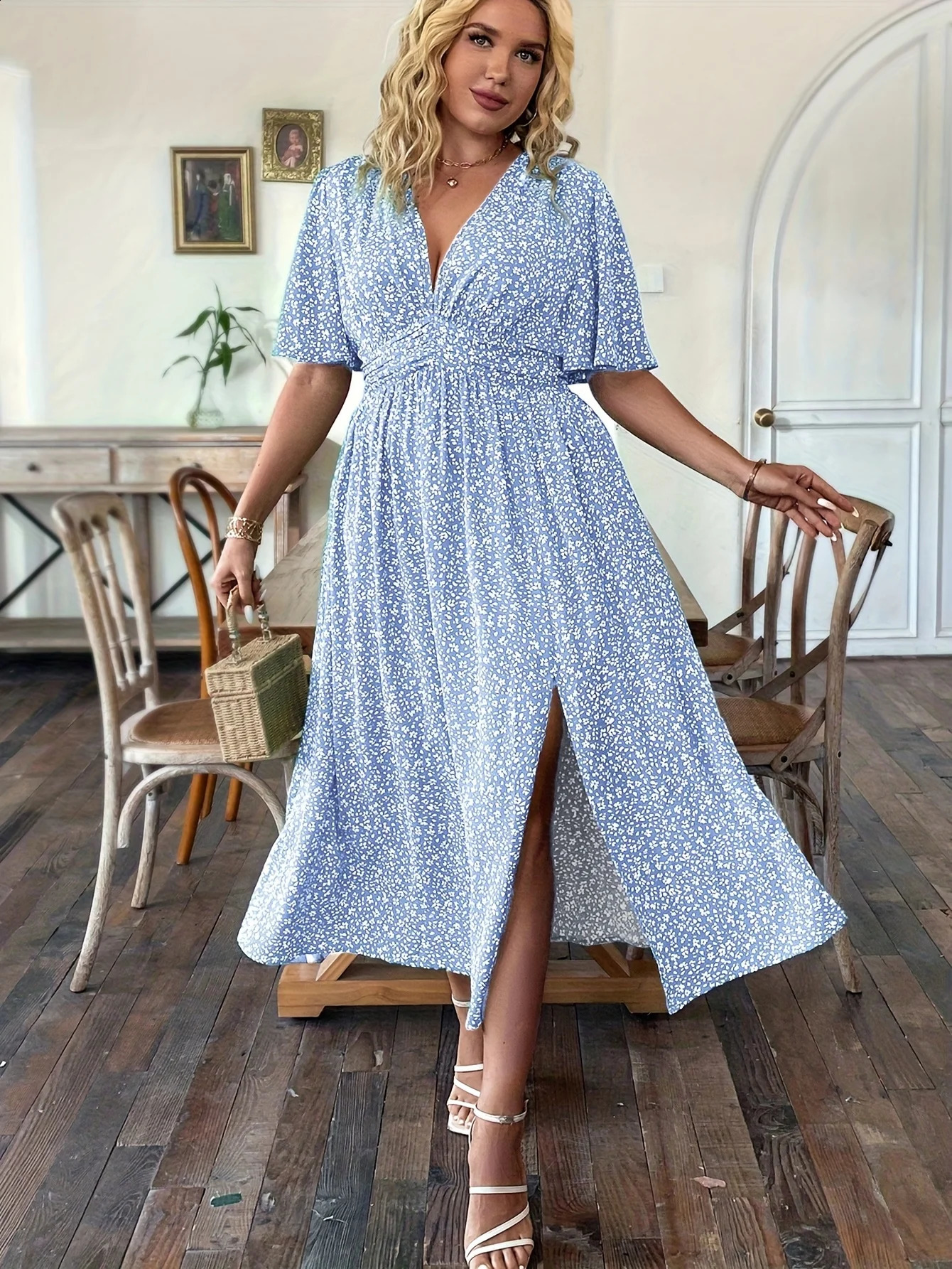 Summer Large Size Womens Romantic Floral VNeck Short Sleeve WaistCinched ALine Holiday Dress 260707