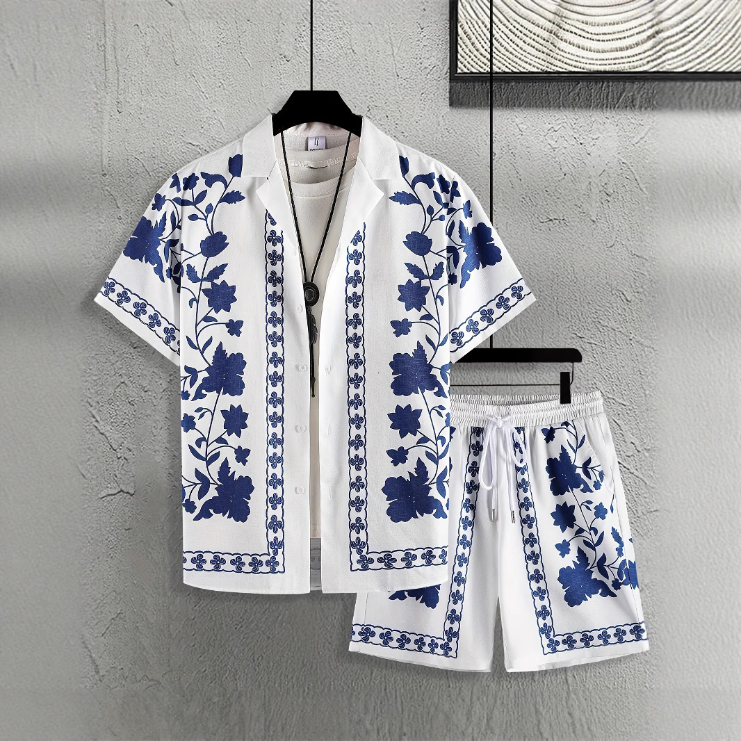 Designer foreign trade summer men's new printed casual loose suit short-sleeve shirt and shorts set