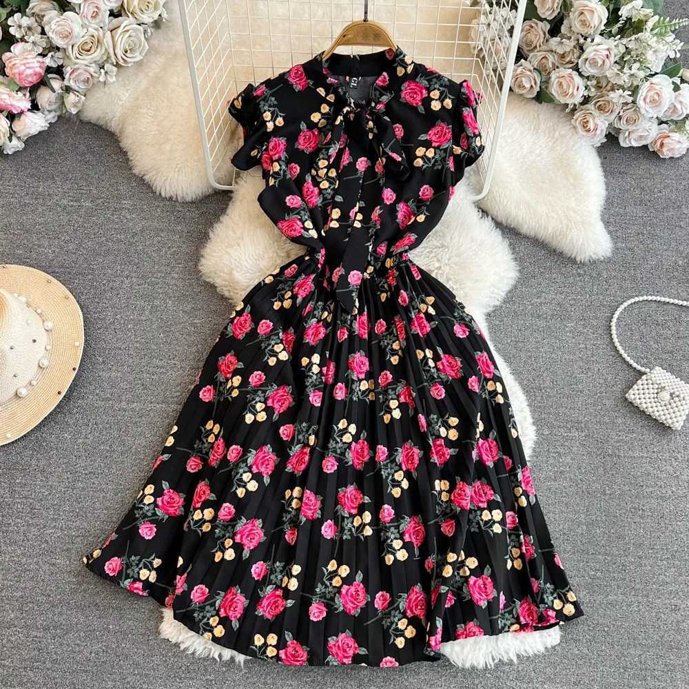 Summer Dress 2024 New YuooMuoo Women Y2K Bow Neck Short Shirt Dress Chic Fashion Floral Pleated Dress Streetwear Outfits Vestido H260707