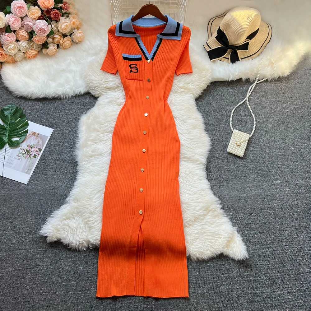 Hips YuooMuoo Chic Fashion Sexy Package Knitted Long Dress Women Brand Fashion Turn-down Collar Embroidery Bodycon Shirt Dress H260707