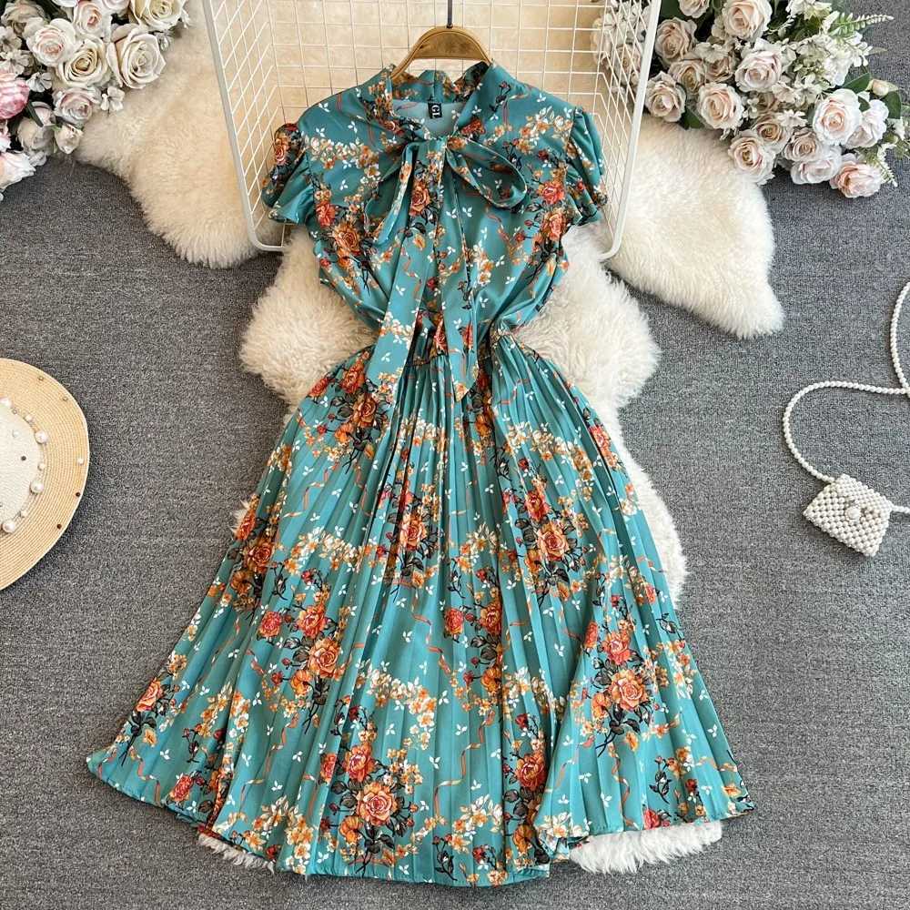 Summer Dress 2024 New YuooMuoo Women Y2K Bow Neck Short Shirt Dress Chic Fashion Floral Pleated Dress Streetwear Outfits Vestido H260707
