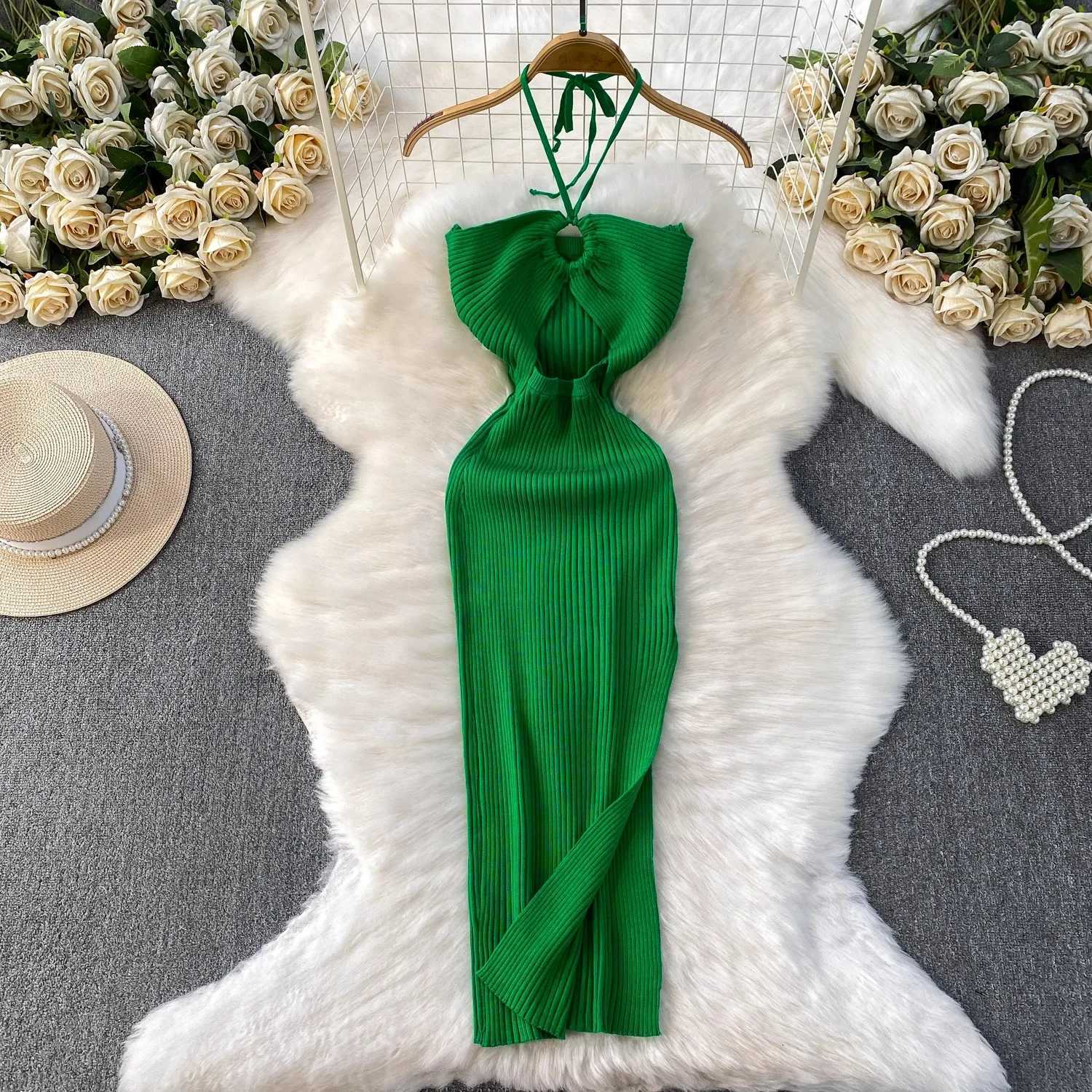 Sexy Hips YuooMuoo Wrap Vacation Style Split Knitted Summer Dress 2026 New Y2K Halter Skinny Long Bodycon Party Dress Beach Robe H260707