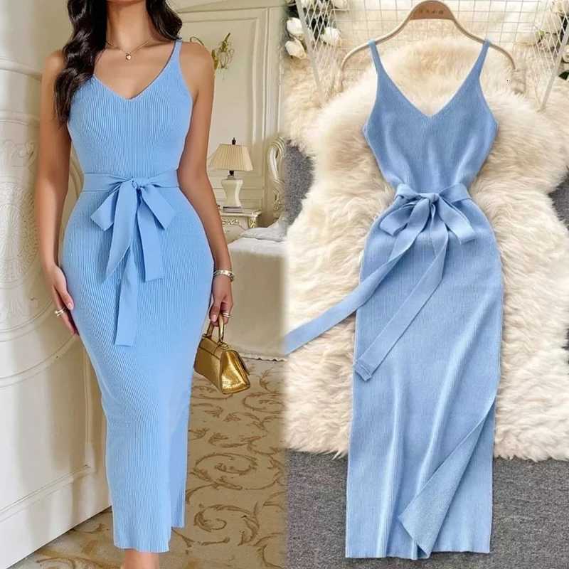 Women 2026 YuooMuoo Dress Spring Summer New Fashion Spagehtti Straps Split Long Knitted Dress Elegant Lady Office Vestidos H260707