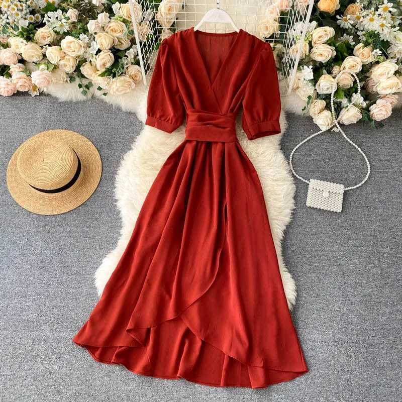 Women Dress 2025 Summer Vintage YuooMuoo Solid Sash Bandage A-line Long Dress Elegant Big Swing Lady Party Vestidos Robes Femme H260707