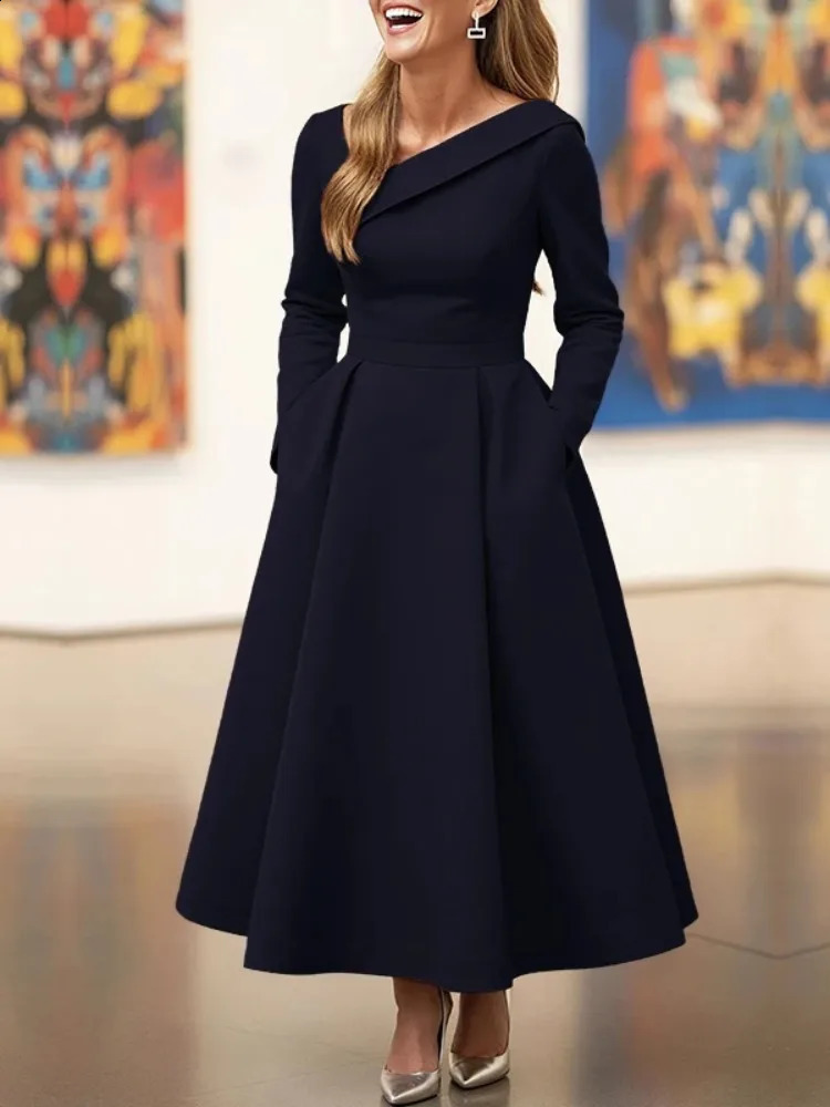 UOOZEE Womens Solid Color Modest Elegant Wedding Banquet Midi Dresses Long Sleeves Pleated High Waisted Aline Party Dress 260707