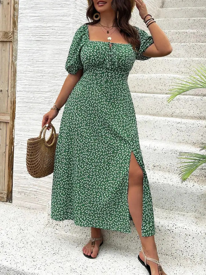 Plus SizeDitsy Floral Print Square Neck Dress Casual Fashion Long Sleeve for Daily Outdoor Wear Women Clothing fo 260707