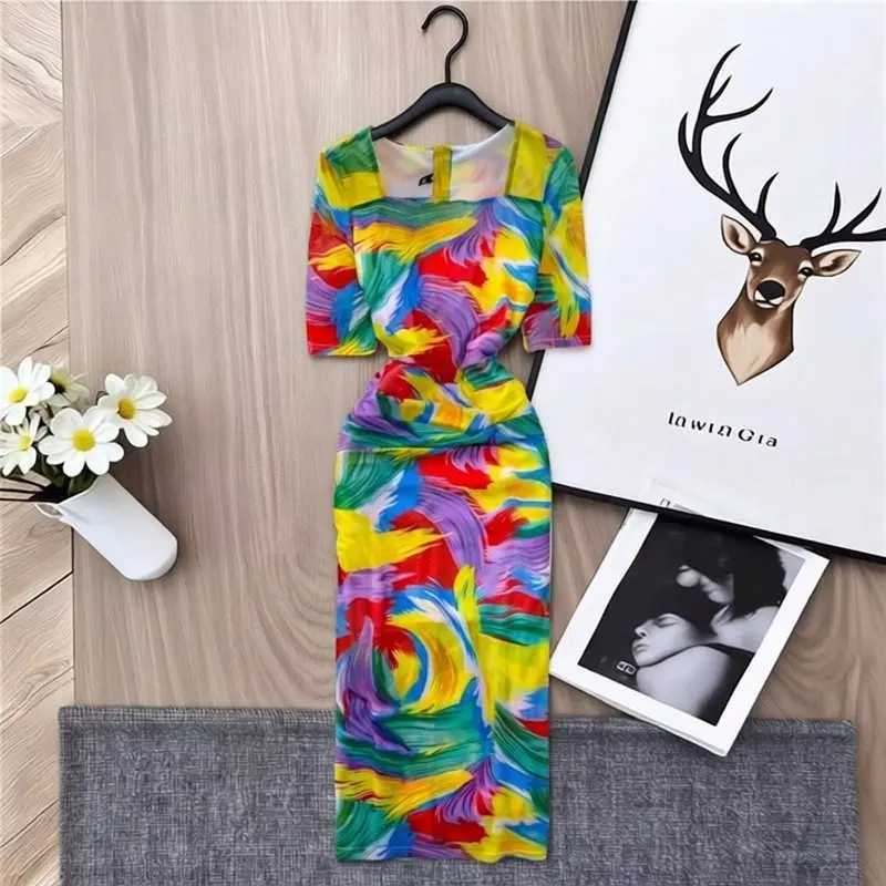 Printed YuooMuoo Ins Hot Mesh Women Party Dress Summer Two Layers Short Sleeve Bodycon Midi Dress Streetwear Lady Outfits Robes H260707