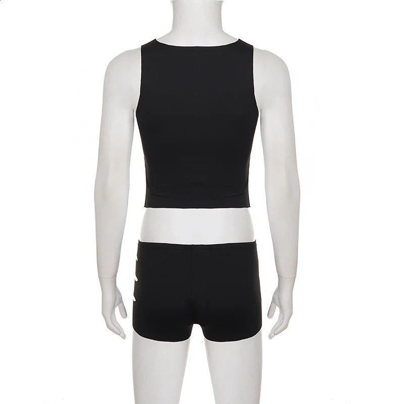 Sexy Hollow Out Shorts Sets Women Slim-Fitting 2 Piece Sets Clubwear O-Neck Sleeveless Crop Top Low-Waisted Shorts Fashion Lady 260714 - view 7