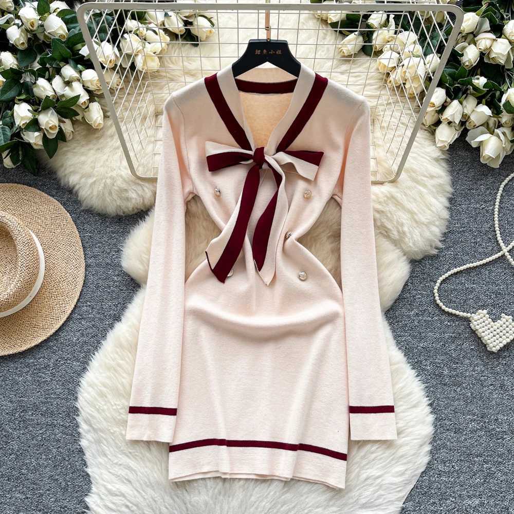Chic Fashion Sexy Package Hips YuooMuoo Knitted Mini Dress 2025 Autumn Vintage Bow V-neck Slim Elastic Party Dress Streetwear H260707